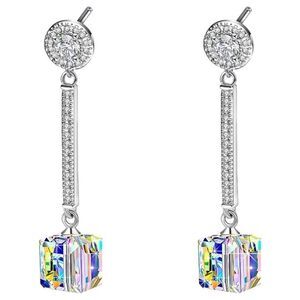.925 Sterling Silver with AB Austrian Crystal Dangling Cube Post Back Earrings